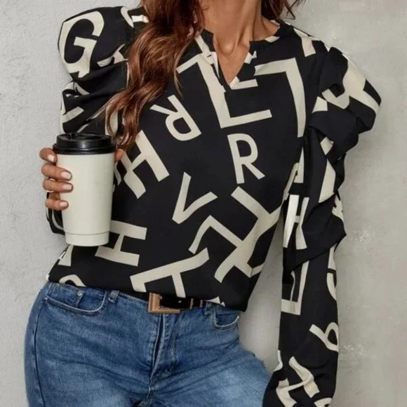 Letter Notched Neck Puff Sleeve Button down Blouse - Picture 3 of 6